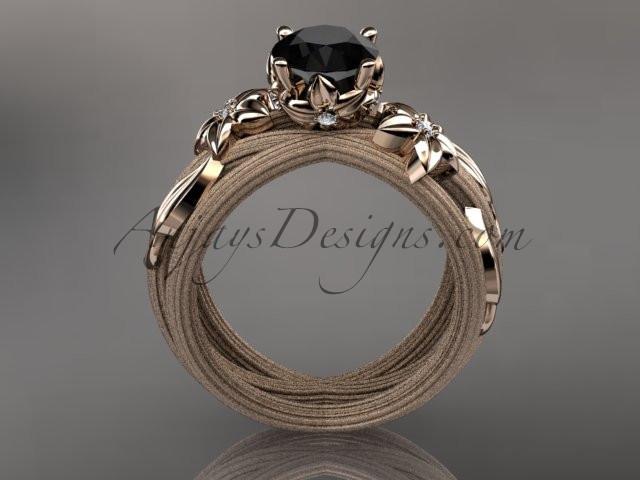 14kt rose gold diamond floral, leaf and vine wedding ring, engagement ring with a Black Diamond center stone ADLR253 - AnjaysDesigns