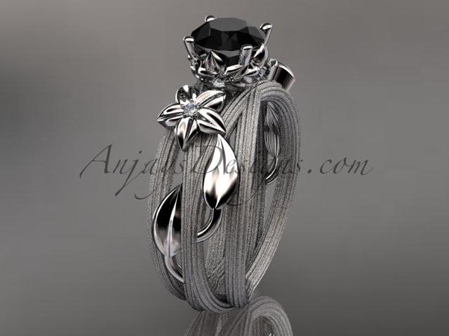 Platinum diamond floral, leaf and vine wedding ring, engagement ring with a Black Diamond center stone ADLR253 - AnjaysDesigns