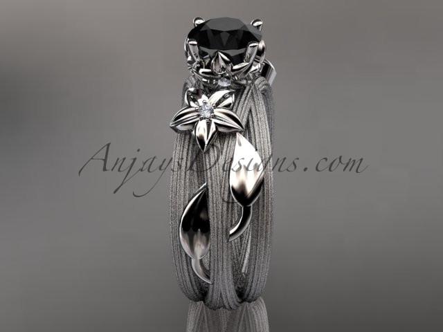 14kt white gold diamond floral, leaf and vine wedding ring, engagement ring with a Black Diamond center stone ADLR253 - AnjaysDesigns