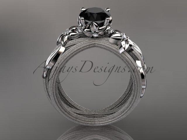 14kt white gold diamond floral, leaf and vine wedding ring, engagement ring with a Black Diamond center stone ADLR253 - AnjaysDesigns