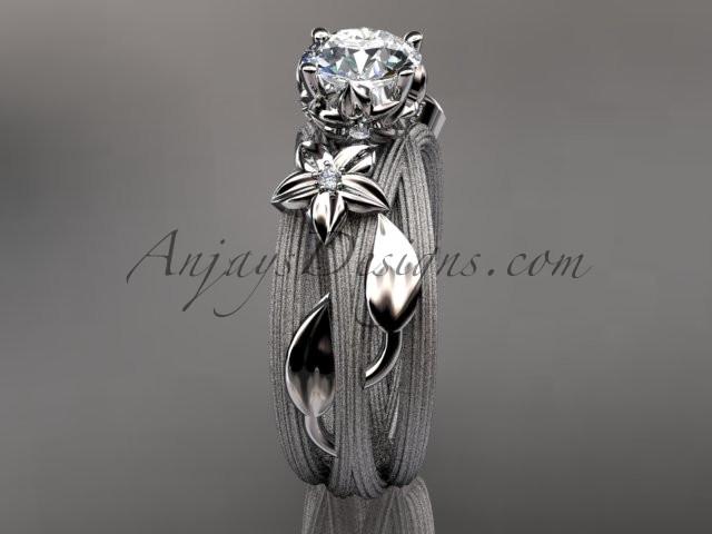 14kt white gold diamond floral, leaf and vine wedding ring, engagement ring with a "Forever One" Moissanite center stone ADLR253 - AnjaysDesigns