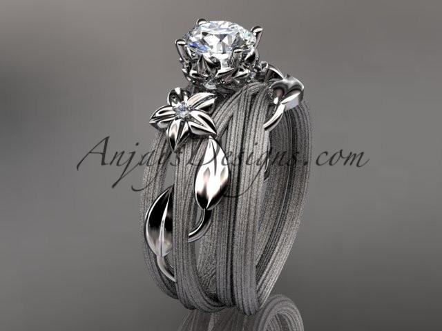 14kt white gold diamond floral, leaf and vine wedding ring, engagement set with a "Forever One" Moissanite center stone ADLR253S - AnjaysDesigns