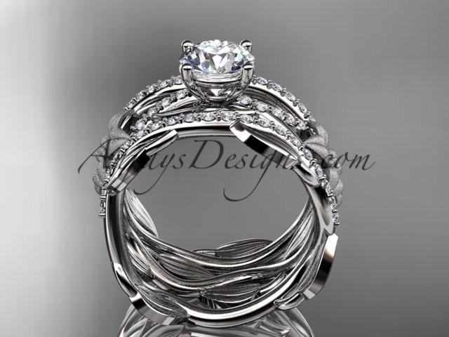 Unique platinum floral diamond wedding ring, engagement ring with a "Forever One" Moissanite center stone and double matching band ADLR270S - AnjaysDesigns