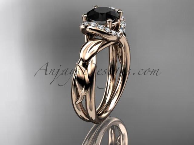 14kt rose gold diamond leaf and vine wedding ring, engagement ring with a Black Diamond center stone ADLR289 - AnjaysDesigns