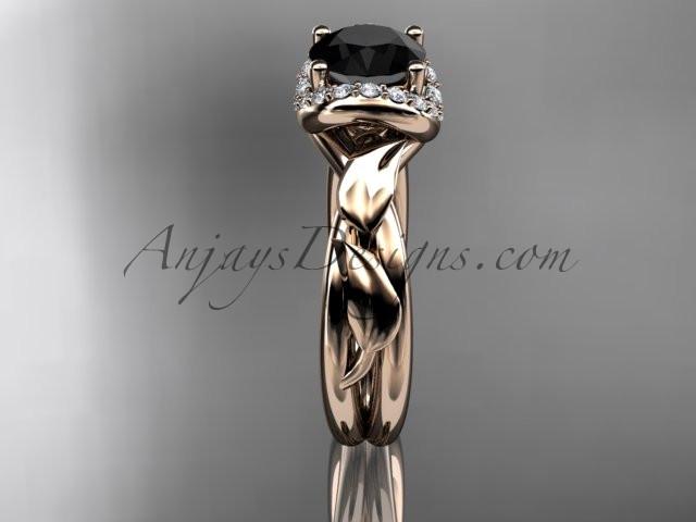 14kt rose gold diamond leaf and vine wedding ring, engagement ring with a Black Diamond center stone ADLR289 - AnjaysDesigns