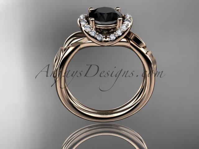 14kt rose gold diamond leaf and vine wedding ring, engagement ring with a Black Diamond center stone ADLR289 - AnjaysDesigns