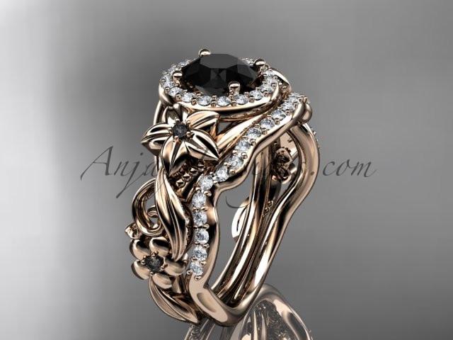 14kt rose gold diamond unique engagement set, wedding set with a Black Diamond center stone ADLR300 - AnjaysDesigns