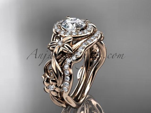 14kt rose gold diamond unique engagement set, wedding set with a "Forever One" Moissanite center stone ADLR300 - AnjaysDesigns