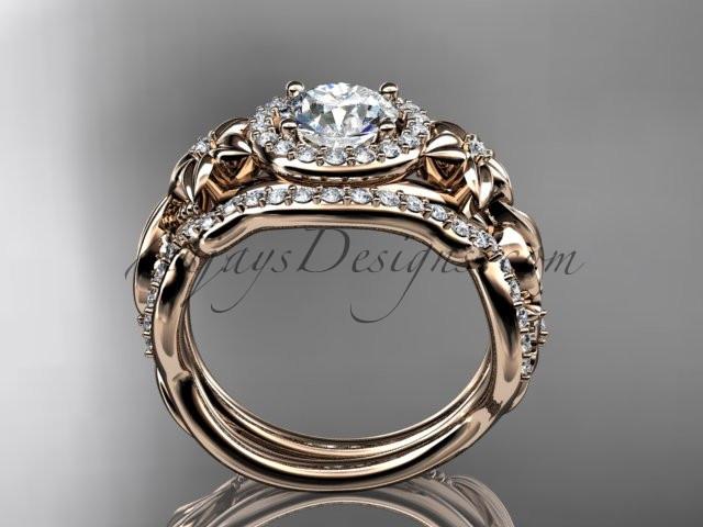 14kt rose gold diamond unique engagement set, wedding set with a "Forever One" Moissanite center stone ADLR300 - AnjaysDesigns