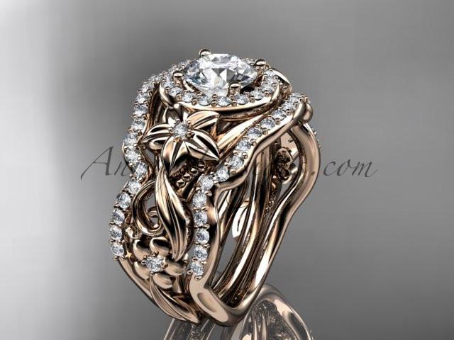 14kt rose gold diamond unique engagement ring, wedding ring with a "Forever One" Moissanite center stone and double matching band ADLR300 - AnjaysDesigns