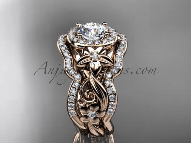 14kt rose gold diamond unique engagement ring, wedding ring with a "Forever One" Moissanite center stone and double matching band ADLR300 - AnjaysDesigns