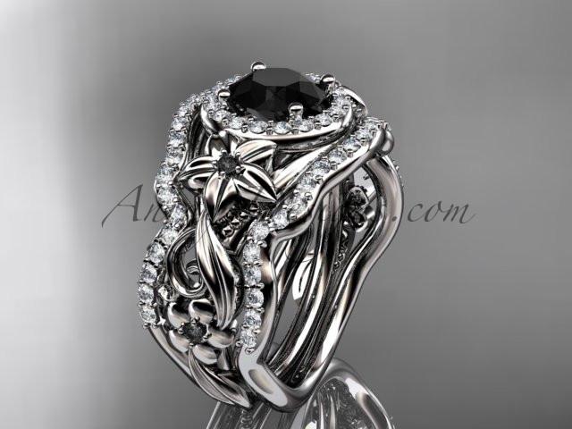 Platinum diamond unique engagement set, wedding set with a Black Diamond center stone ADLR300 - AnjaysDesigns
