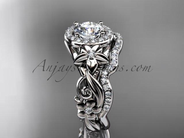 Platinum diamond unique engagement set, wedding set with a "Forever One" Moissanite center stone ADLR300 - AnjaysDesigns