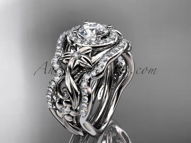 14kt white gold diamond unique engagement ring, wedding ring with a "Forever One" Moissanite center stone and double matching band ADLR300 - AnjaysDesigns