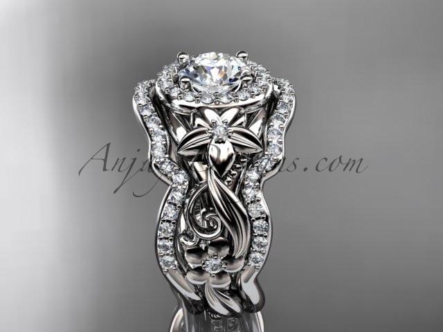 Platinum diamond unique engagement ring, wedding ring with a "Forever One" Moissanite center stone and double matching band ADLR300 - AnjaysDesigns