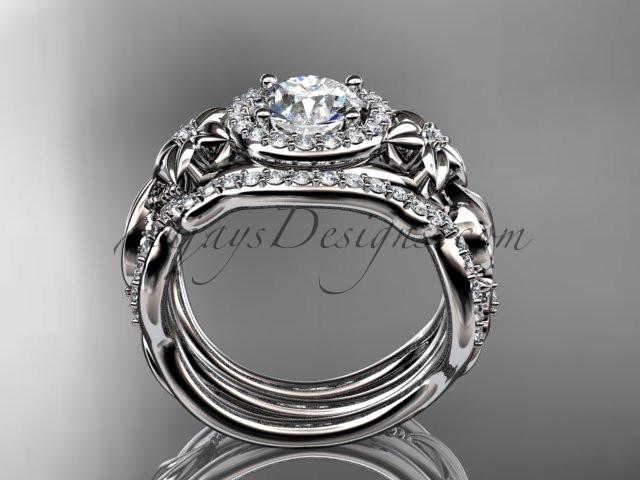 Platinum diamond unique engagement ring, wedding ring with a "Forever One" Moissanite center stone and double matching band ADLR300 - AnjaysDesigns