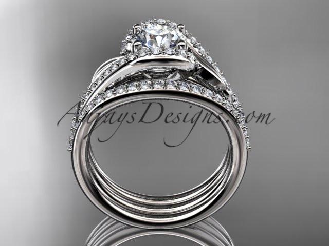 platinum diamond leaf wedding ring with a "Forever One" Moissanite center stone and double matching band ADLR317S - AnjaysDesigns