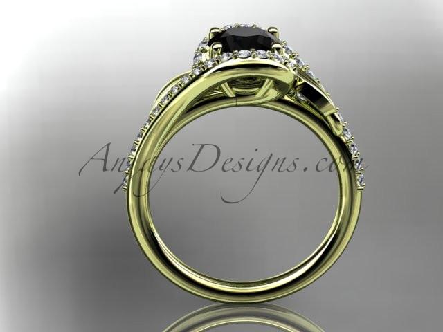 14k yellow gold diamond leaf and vine wedding ring, engagement ring with a Black Diamond center stone ADLR317 - AnjaysDesigns
