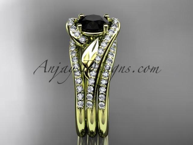 14k yellow gold diamond leaf wedding ring with a Black Diamond Moissanite center stone and double matching band ADLR317S - AnjaysDesigns