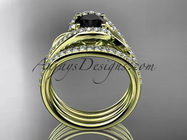 14k yellow gold diamond leaf wedding ring with a Black Diamond Moissanite center stone and double matching band ADLR317S - AnjaysDesigns