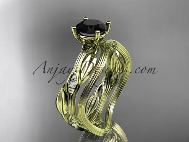 14k yellow gold diamond leaf and vine wedding ring set, engagement ring set with Black Diamond center stone ADLR31S - AnjaysDesigns