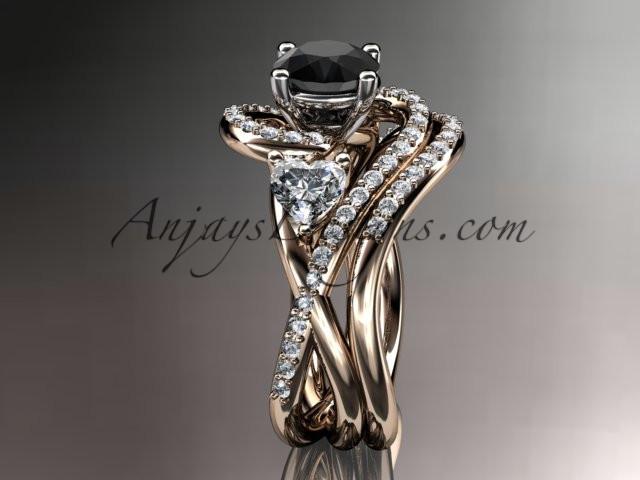 Unique 14kt rose gold diamond engagement set, wedding ring with a Black Diamond center stone ADLR320S - AnjaysDesigns