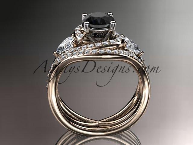 Unique 14kt rose gold diamond engagement set, wedding ring with a Black Diamond center stone ADLR320S - AnjaysDesigns