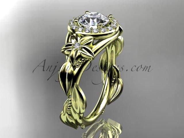 14k yellow gold diamond unique leaf and vine, floral engagement ring with a "Forever One" Moissanite center stone ADLR327 - AnjaysDesigns