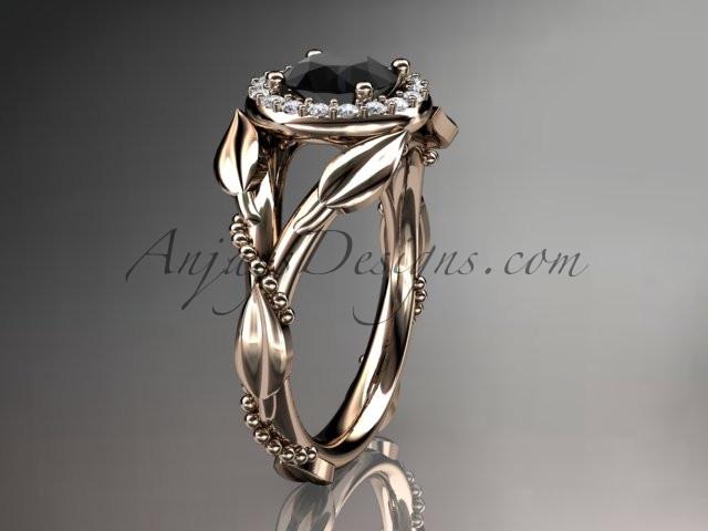 14kt rose gold diamond leaf and vine wedding ring,engagement ring with a Black Diamond center stone ADLR328 - AnjaysDesigns