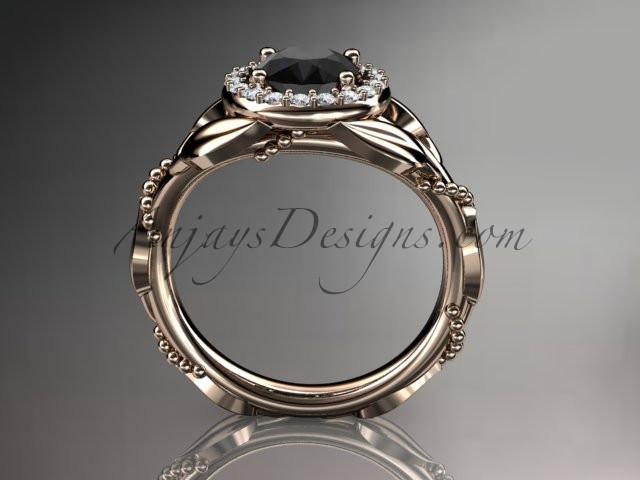 14kt rose gold diamond leaf and vine wedding ring,engagement ring with a Black Diamond center stone ADLR328 - AnjaysDesigns