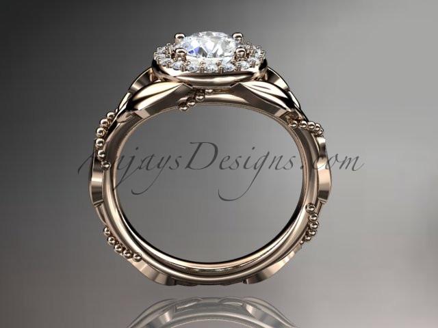 14kt rose gold diamond leaf and vine wedding ring, engagement ring with a "Forever One" Moissanite center stone ADLR328 - AnjaysDesigns