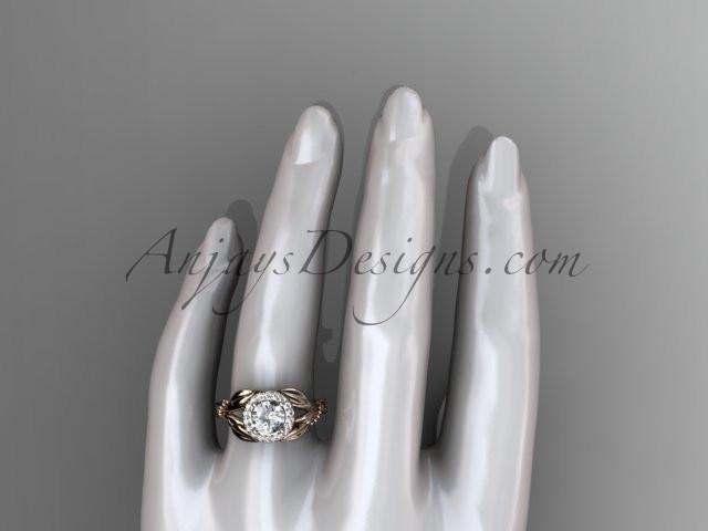 14kt rose gold diamond leaf and vine wedding ring, engagement ring with a "Forever One" Moissanite center stone ADLR328 - AnjaysDesigns