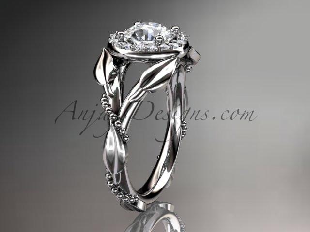 14kt white gold diamond leaf and vine wedding ring,engagement ring with a "Forever One" Moissanite center stone ADLR328 - AnjaysDesigns
