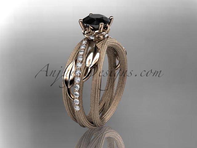 14kt rose gold diamond leaf and vine wedding ring, engagement ring with a Black Diamond center stone ADLR329 - AnjaysDesigns