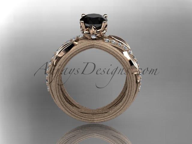 14kt rose gold diamond leaf and vine wedding ring, engagement ring with a Black Diamond center stone ADLR329 - AnjaysDesigns