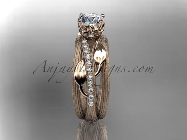 14kt rose gold diamond leaf and vine wedding ring,engagement ring with a "Forever One" Moissanite center stone ADLR329 - AnjaysDesigns