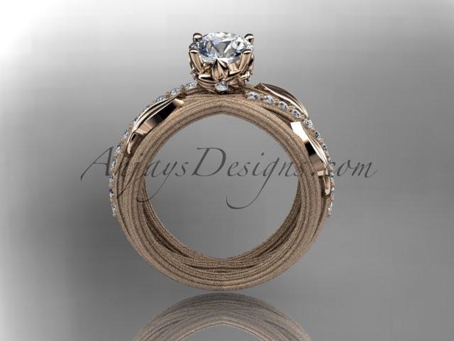 14kt rose gold diamond leaf and vine wedding ring,engagement ring with a "Forever One" Moissanite center stone ADLR329 - AnjaysDesigns