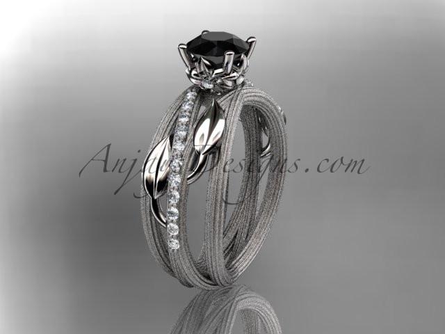Platinum diamond leaf and vine wedding ring, engagement ring with a Black Diamond center stone ADLR329 - AnjaysDesigns