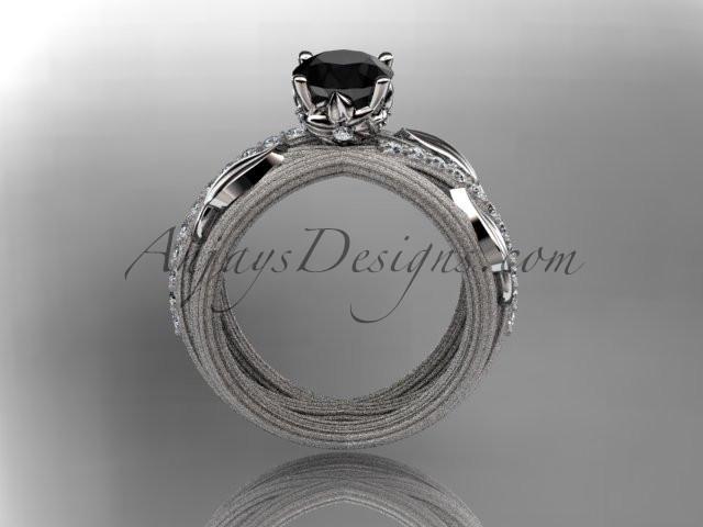 14kt white gold diamond leaf and vine wedding ring, engagement ring with a Black Diamond center stone ADLR329 - AnjaysDesigns