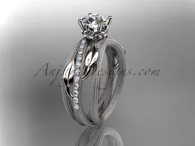 14kt white gold diamond leaf and vine wedding ring, engagement ring a "Forever One" Moissanite center stone ADLR329 - AnjaysDesigns