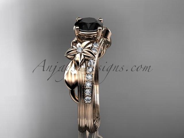 14kt rose gold diamond leaf and vine wedding ring, engagement ring with a Black Diamond center stone ADLR331 - AnjaysDesigns