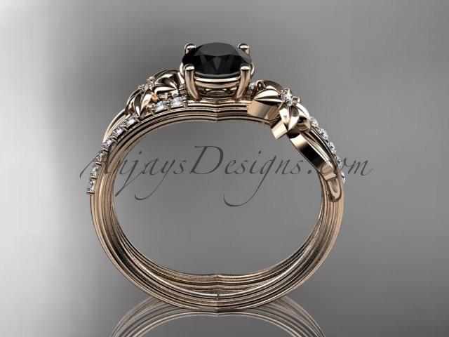 14kt rose gold diamond leaf and vine wedding ring, engagement ring with a Black Diamond center stone ADLR331 - AnjaysDesigns