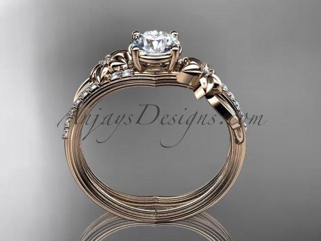 14kt rose gold diamond leaf and vine wedding ring, engagement ring with a "Forever One" Moissanite center stone ADLR331 - AnjaysDesigns