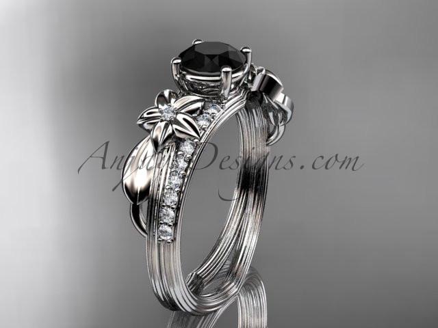 Platinum diamond leaf and vine wedding ring, engagement ring with a Black Diamond center stone ADLR331 - AnjaysDesigns