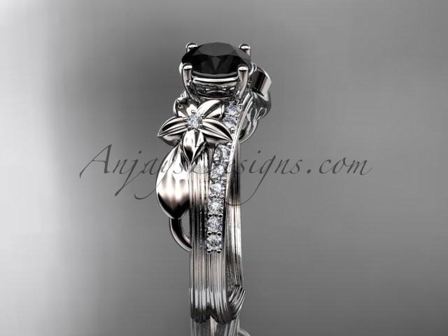 Platinum diamond leaf and vine wedding ring, engagement ring with a Black Diamond center stone ADLR331 - AnjaysDesigns