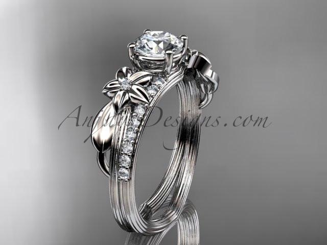 Platinum diamond leaf and vine wedding ring, engagement ring with a "Forever One" Moissanite center stone ADLR331 - AnjaysDesigns