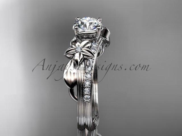 Platinum diamond leaf and vine wedding ring, engagement ring with a "Forever One" Moissanite center stone ADLR331 - AnjaysDesigns