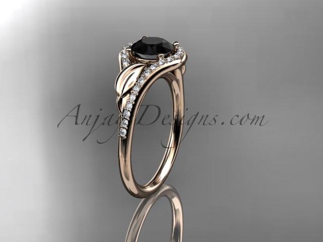 14kt rose gold diamond leaf wedding ring, engagement ring with a Black Diamond center stone ADLR334 - AnjaysDesigns