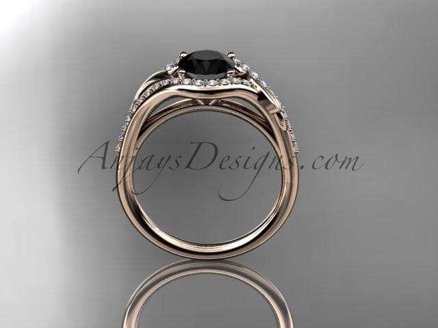 14kt rose gold diamond leaf wedding ring, engagement ring with a Black Diamond center stone ADLR334 - AnjaysDesigns