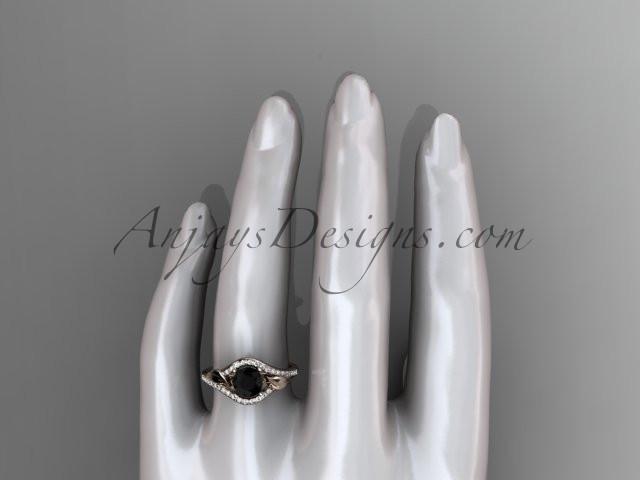 14kt rose gold diamond leaf wedding ring, engagement ring with a Black Diamond center stone ADLR334 - AnjaysDesigns